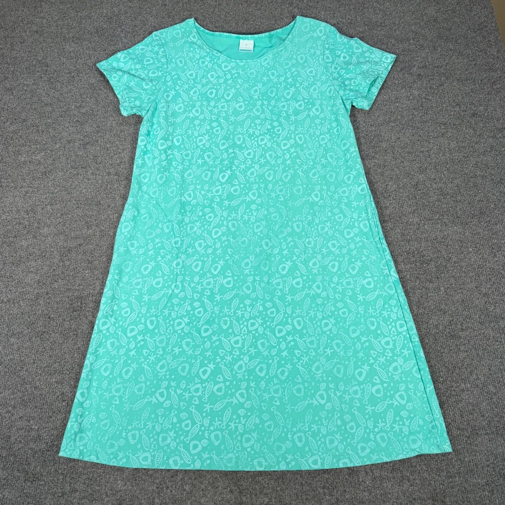 On White Womens Teal Nautical Fish Starfish Print T-Shirt Dress Medium #4555